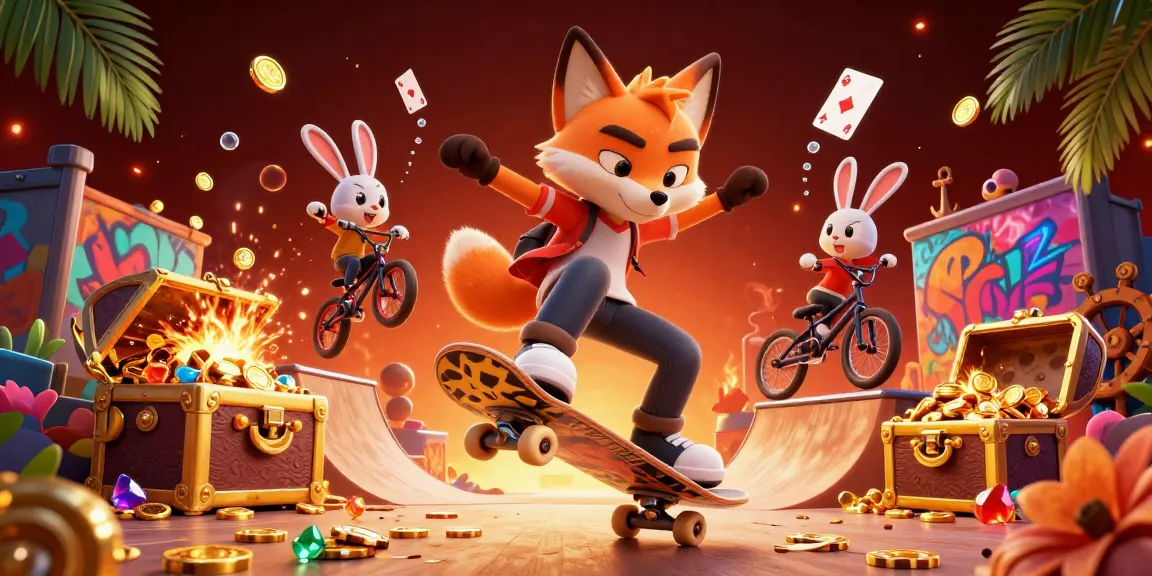 Engage with alo8 by witnessing a thrilling kickflip stunt over golden poker chips in this animated casino scene.