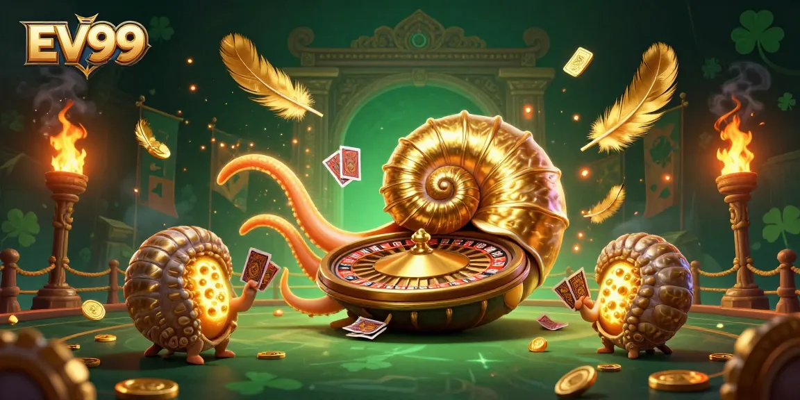 Experience the excitement of EV99 with a dynamic 3D casino scene featuring a giant nautilus roulette wheel and sharing winning moments.