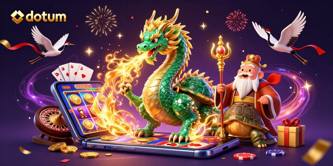 Experience thrilling gaming at datum with a stunning 3D illustration featuring dragons, turtles, and casino games.