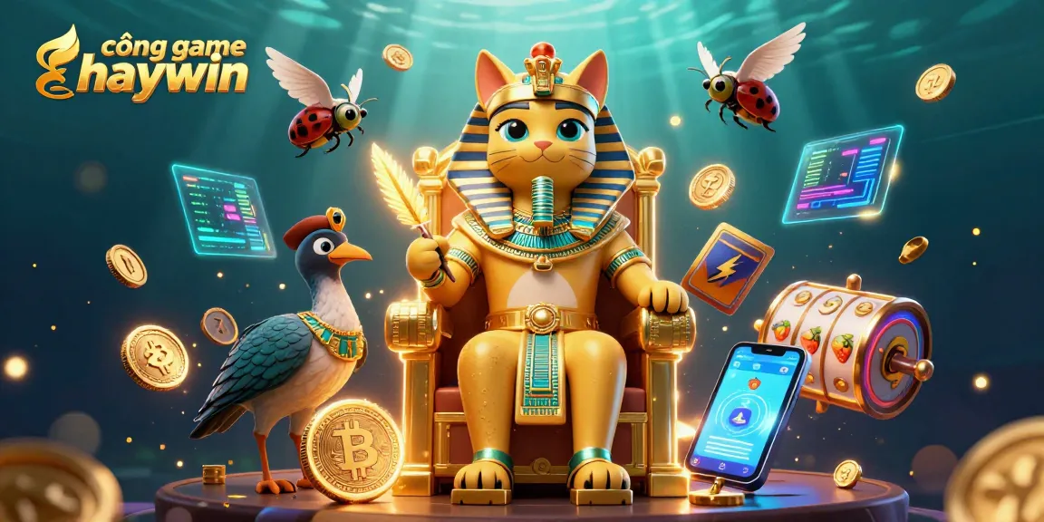 Cổng game haywin showcases a vibrant pharaoh-themed casino scene with 3D characters and rich details.