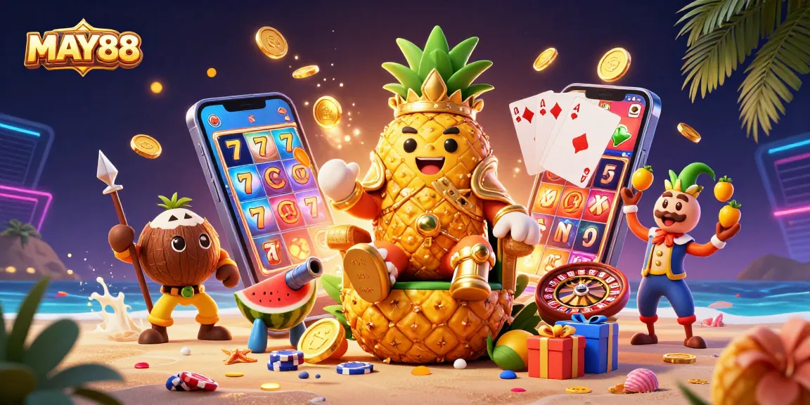 MAY88 brings excitement with a golden pineapple king and vibrant casino elements.