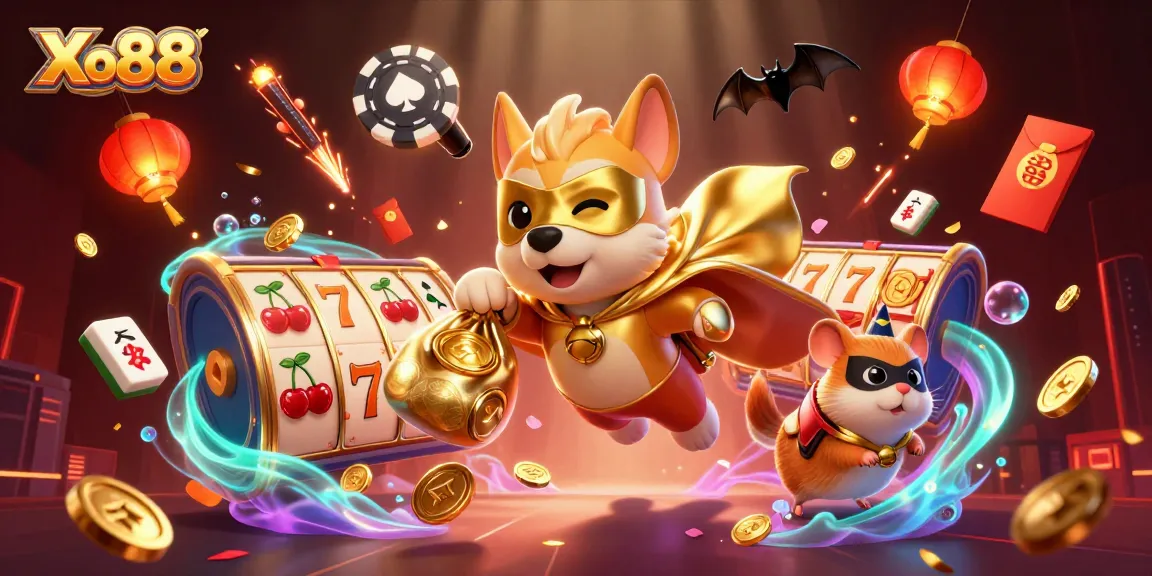 Xo88 brings excitement with a superhero dog flying amidst slot reels and gold coins.