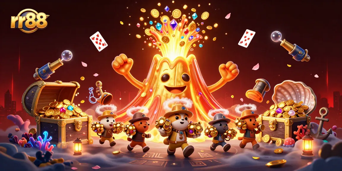 rr88 players engage with a triumphant volcano alongside treasure in a lively casino scene.