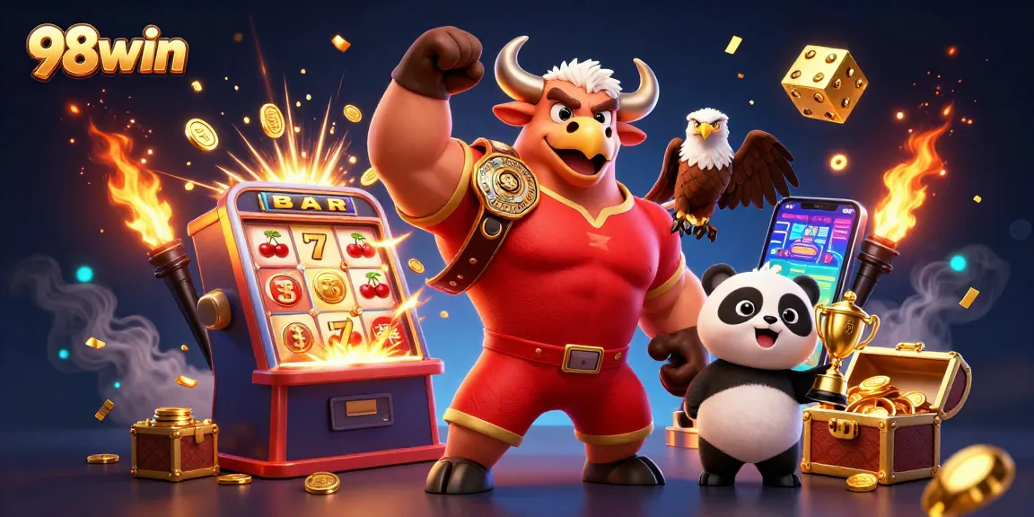 Win big with 98win at a vibrant casino scene featuring a bull mascot, eagle, and panda.