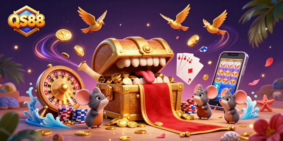Experience the thrill of QS88 with a dynamic casino scene featuring treasures and vibrant game elements.