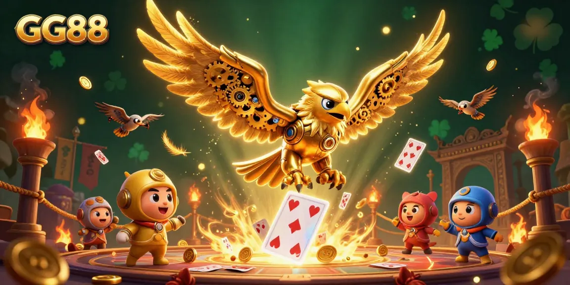 Experience GG88's exhilarating gaming atmosphere with golden eagle and dazzling cards.